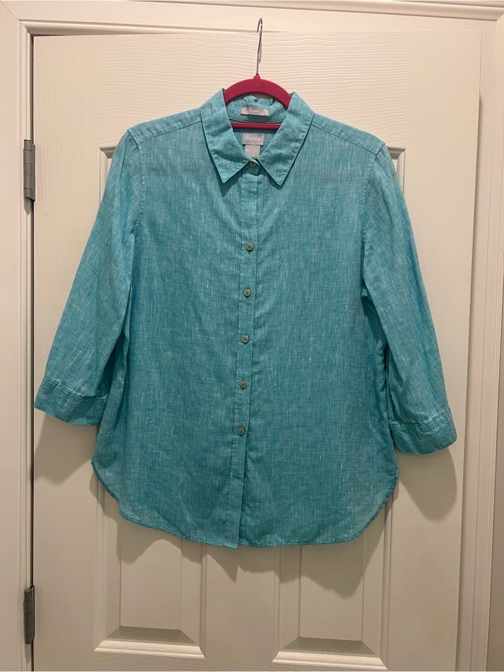 Chico's Turquoise Button-Down Shirt, No Iron, Linen